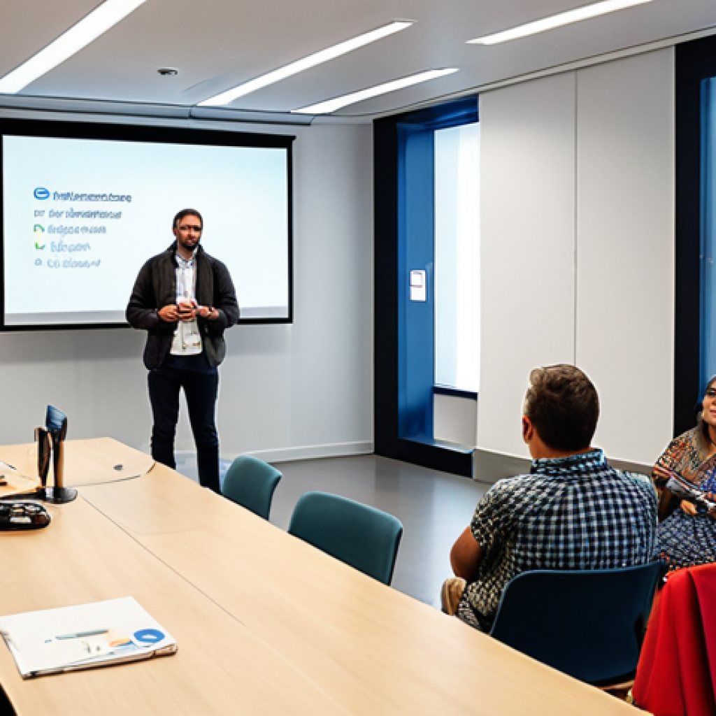 **

A diverse group of people attending a workshop on accessible communication, led by a dynamic speaker. The setting is a modern conference room in Lisbon.  Focus on the interaction and engagement of the participants. Include visuals related to assistive technology.

**