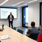 **

A diverse group of people attending a workshop on accessible communication, led by a dynamic speaker. The setting is a modern conference room in Lisbon.  Focus on the interaction and engagement of the participants. Include visuals related to assistive technology.

**