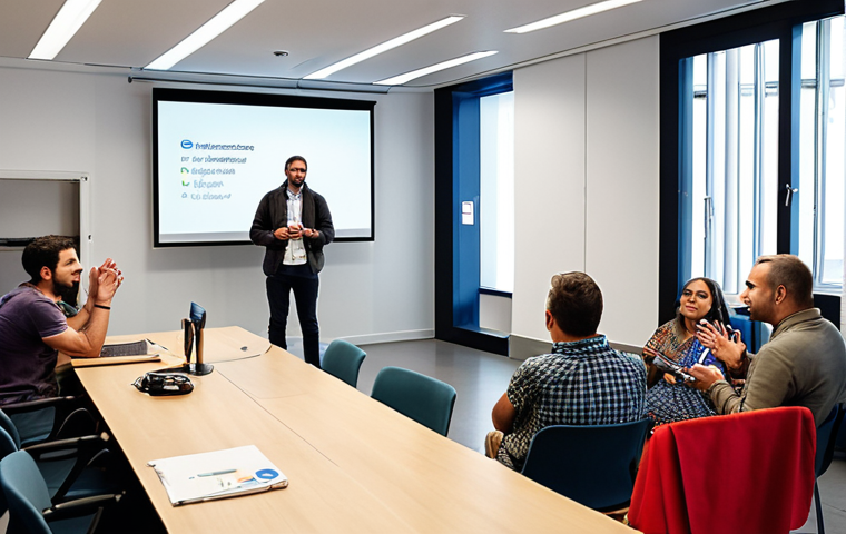 **

A diverse group of people attending a workshop on accessible communication, led by a dynamic speaker. The setting is a modern conference room in Lisbon.  Focus on the interaction and engagement of the participants. Include visuals related to assistive technology.

**