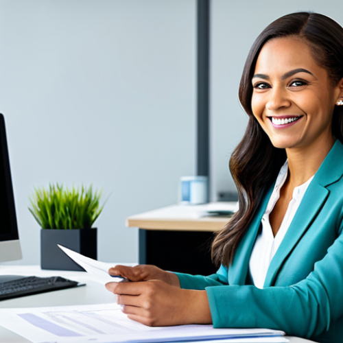 Home 24 Thriving Career Counselor in a Modern Office**
"A professional career counselor in a well-lit, modern office setting, fully clothed in modest business attire. She is smiling confidently while reviewing documents on a clean desk. The office features ergonomic furniture and a calming color palette. Safe for work, appropriate content, professional environment, perfect anatomy, natural pose, high resolution."
**