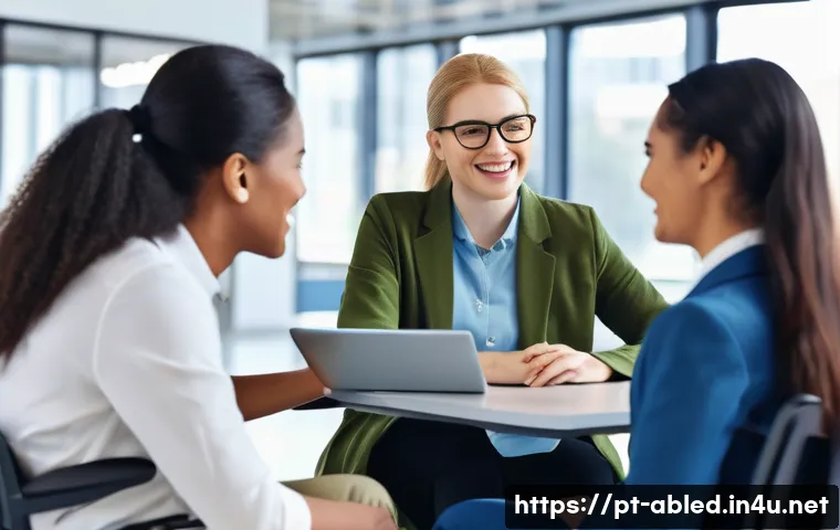 장애인상담사 채용 인터뷰 질문 - A professional, empathetic customer service representative engaging warmly with a diverse group of p...