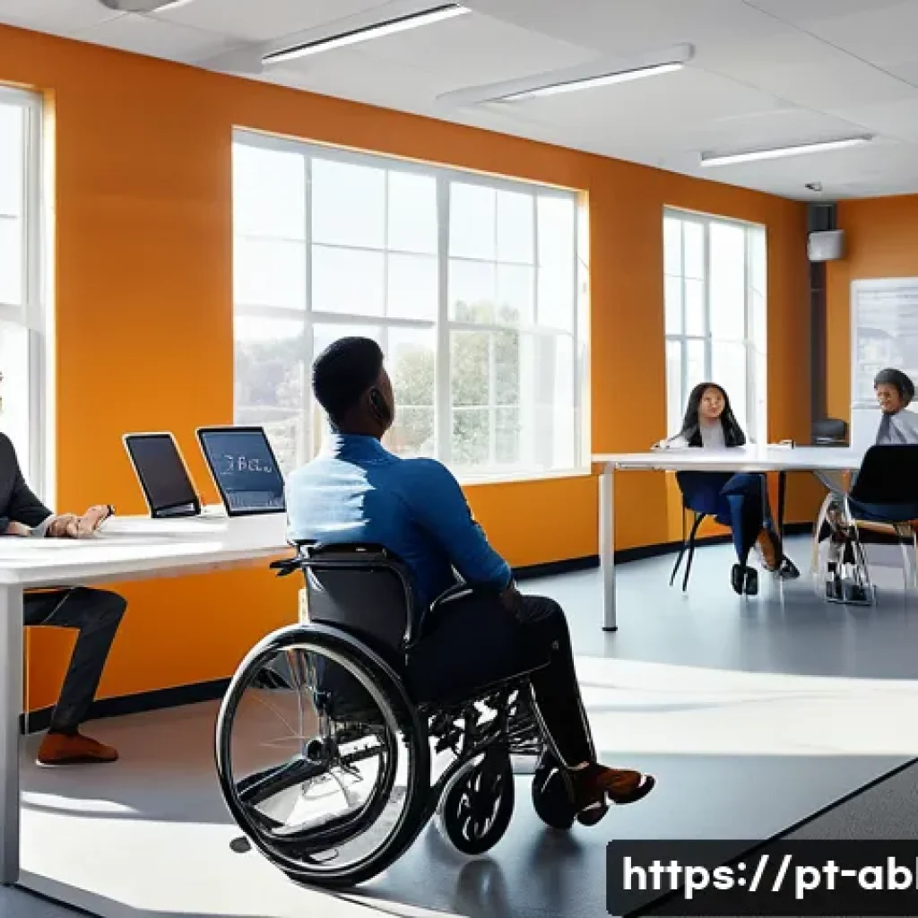 장애인상담사 취업 조건 - A professional consultant in a modern office setting, engaging empathetically with a diverse group o...