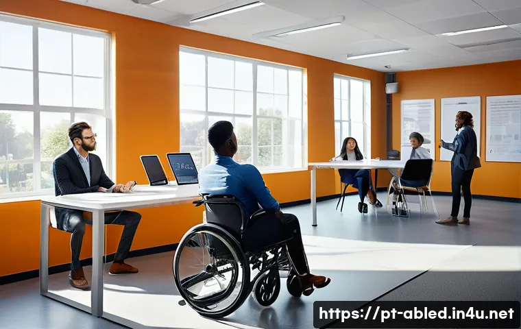 장애인상담사 취업 조건 - A professional consultant in a modern office setting, engaging empathetically with a diverse group o...