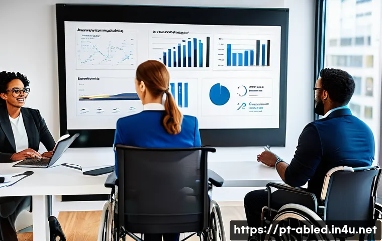 장애인상담사 연봉 상승 전략 - A modern corporate meeting room with a diverse group of professionals discussing accessibility consu...