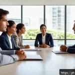 장애인상담사 직무 평가 - A diverse group of inclusion advisors in a modern Brazilian corporate office setting, engaged in a c...