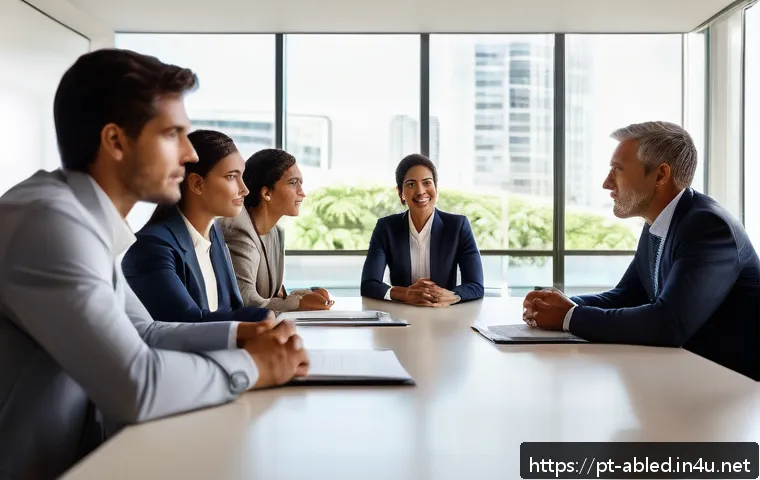 장애인상담사 직무 평가 - A diverse group of inclusion advisors in a modern Brazilian corporate office setting, engaged in a c...