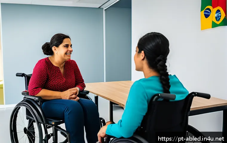 장애인상담사 상담 윤리 - A warm, inclusive counseling session in a modern Brazilian office, featuring a diverse group includi...